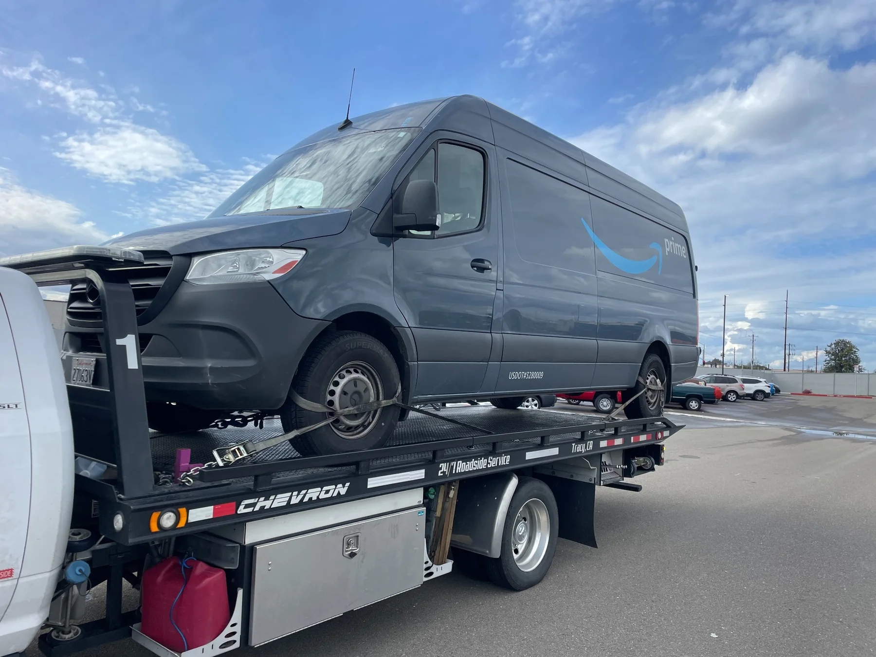 Commercial Amazon delivery van transported by Oncall Towing INC in Tracy California